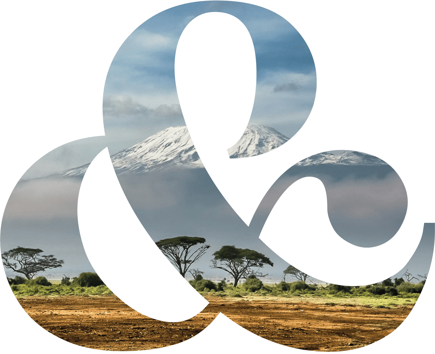 Landscape of Mount Kilimanjaro with snow-capped peak, trees, and dry savannah visible through an ampersand symbol.