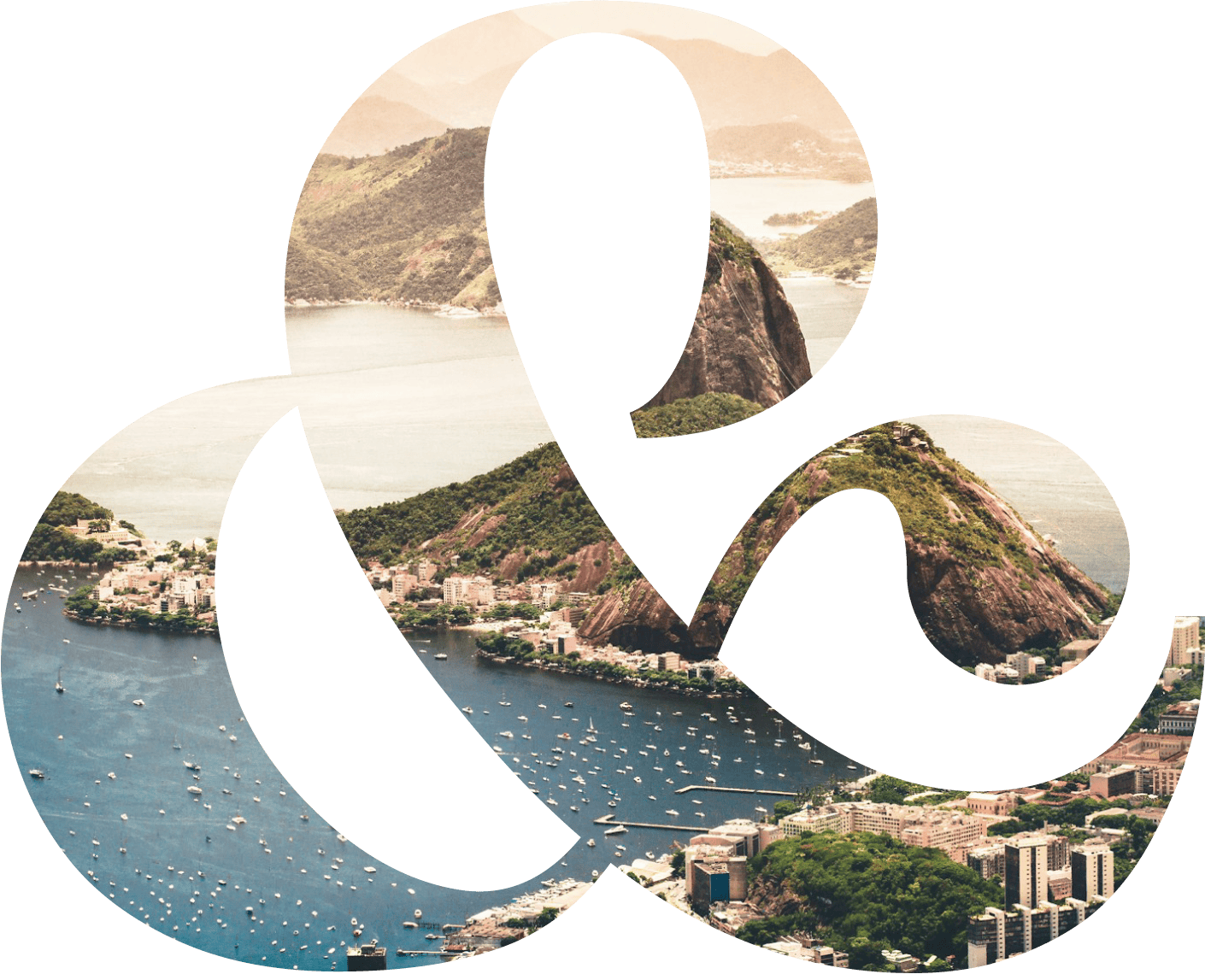 A scenic aerial view of a coastal city with many boats in a bay and green mountains, shown inside a large ampersand symbol.