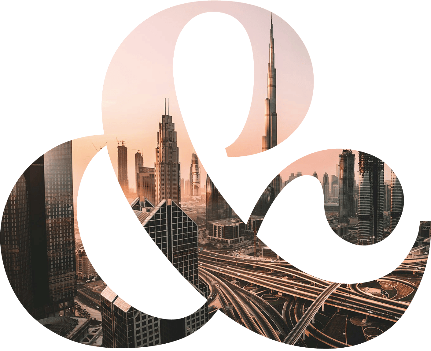 A cityscape of Dubai at sunset seen through a large ampersand shape, featuring the Burj Khalifa and surrounding skyscrapers with busy highways below.