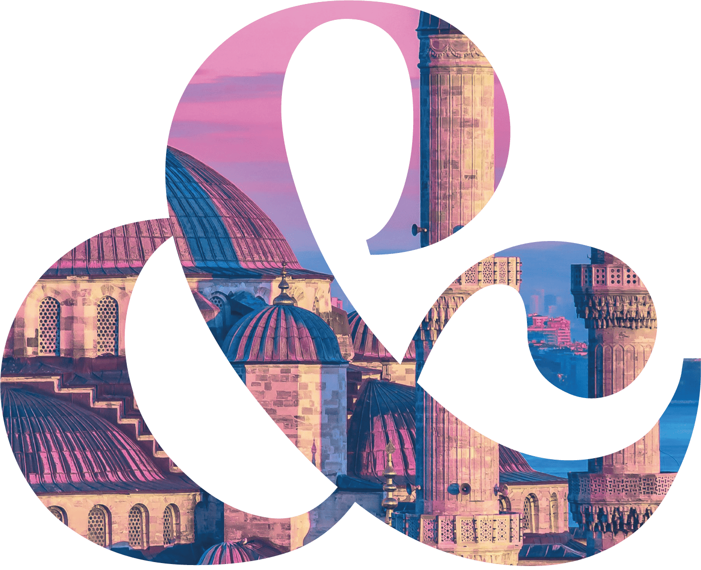View of Istanbul mosque domes and minarets at sunset with pink and blue sky, shaped inside an ampersand symbol.